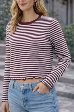 Ultra Flirt Juniors Burgundy and White Striped Long Sleeve Top
